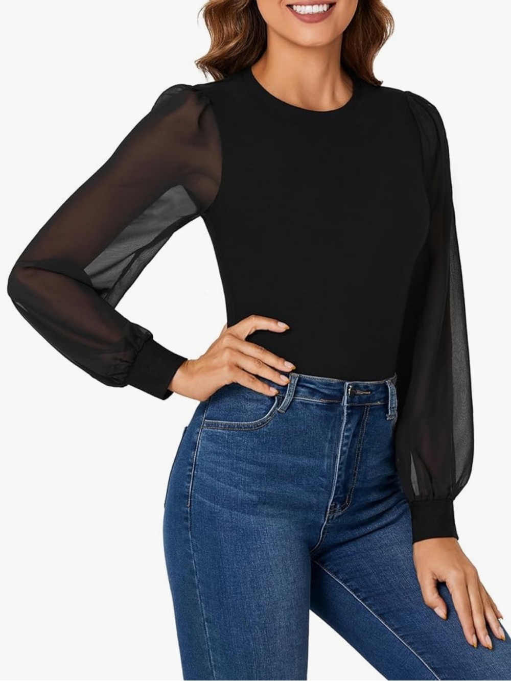 Black Sheer Long-Sleeve Puff Blouse Bodysuit